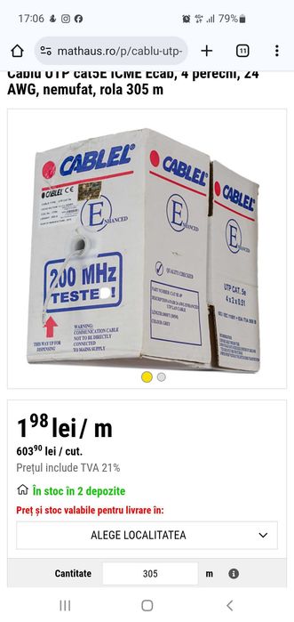 Cablu internet UTP CAT6 500MHz