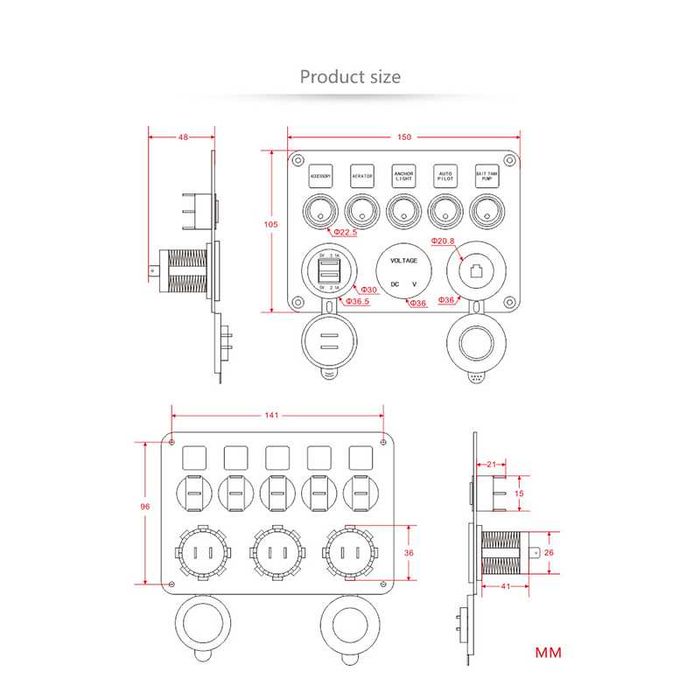 12V/24v панел за вграждане USB зарядно запалка волтметър  Бушони копче
