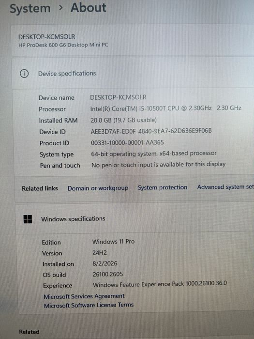 Компютър HP ProDesk 600 G6 intel i5 10500T 20 Gb ram 256 NvMe