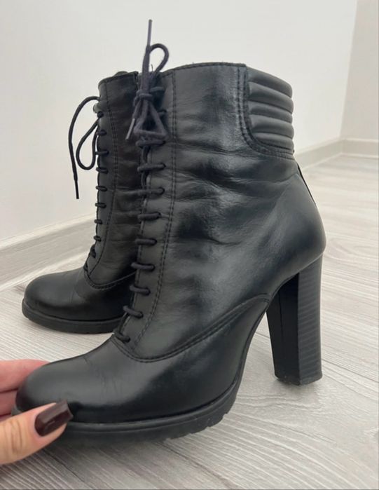 Botine piele naturala cu toc patrat