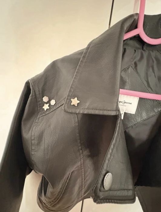 Pepe Jeans London, Jacheta biker de piele ecologica Allure, Negru, 104 cm