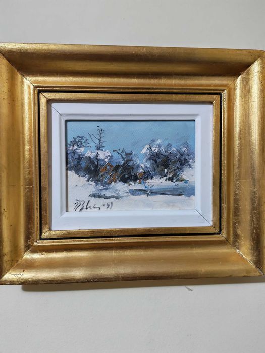 Tablou original Blei Nicolae - peisaj de iarna 18,5 x 19 cm, semnat