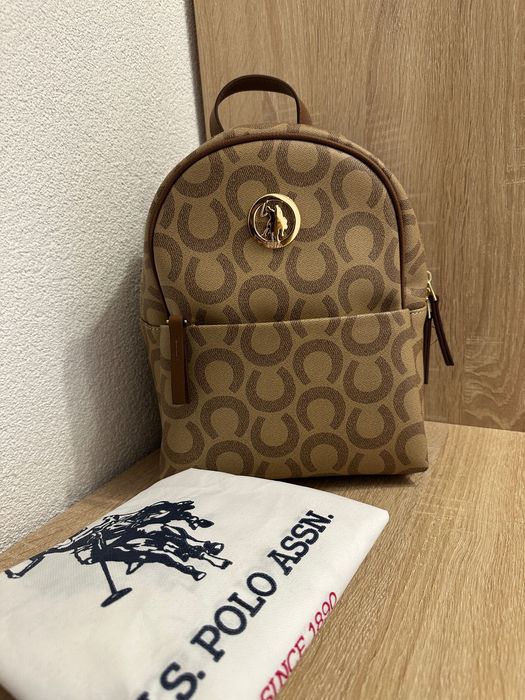 U.S. Polo Assn., Раница от еко кожа с лого, Бежов, Канелено кафяво