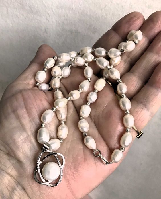 Colier cu perle albe de cultura de 6-8 mm,pandant cu perla si argint