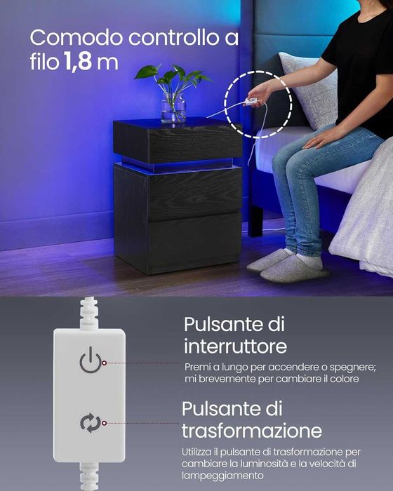 Noptiera cu iluminare LED, Vasagle, 3 sertare, 25 culori, negru