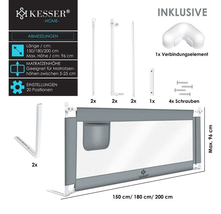 Защитна ограда за детско легло, размери 180 см x 44 см x 72-96 см