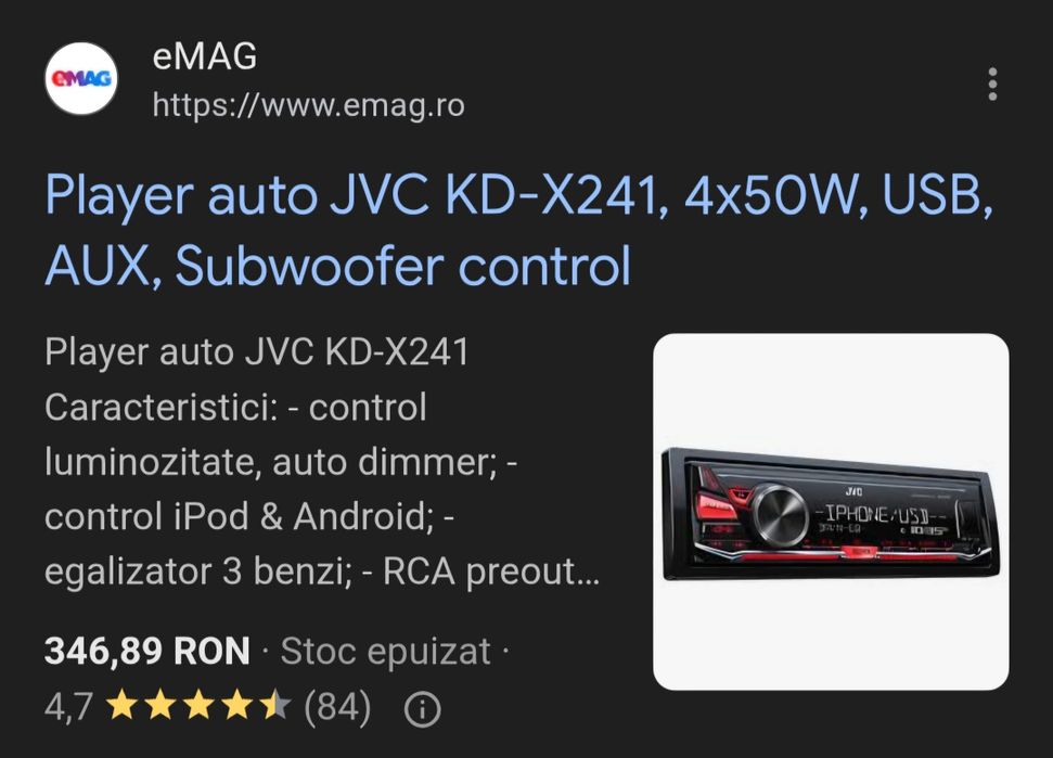 Vând MP3 player auto JVC KD-241,4×50W,USB