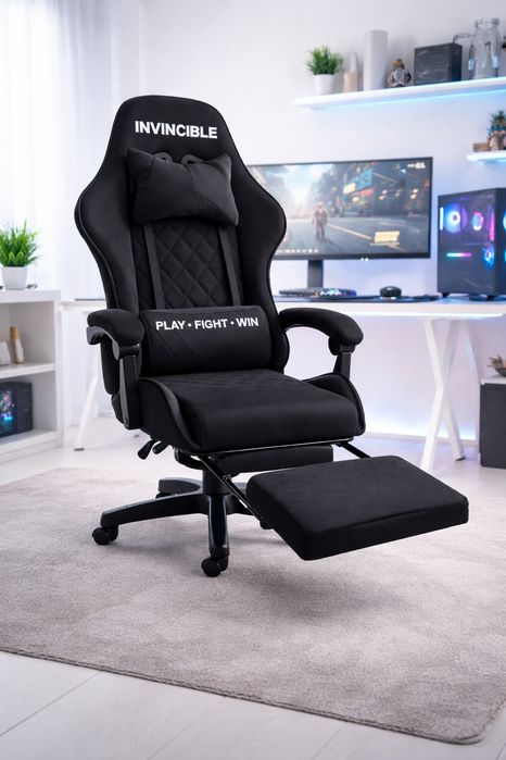 Черен геймърски стол с регулируема височина, лумбална възглавница и ме