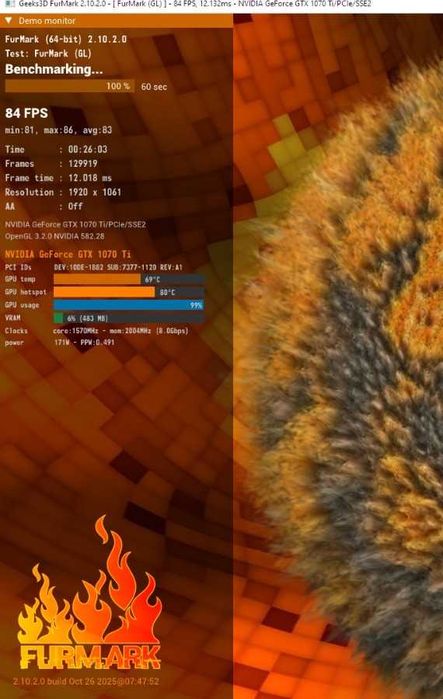 Nvidia GTX 1070 Ti 8GB iGame Vulcan 69°C FurMark - Sigiliu intact Gaming 1080p / 1440p