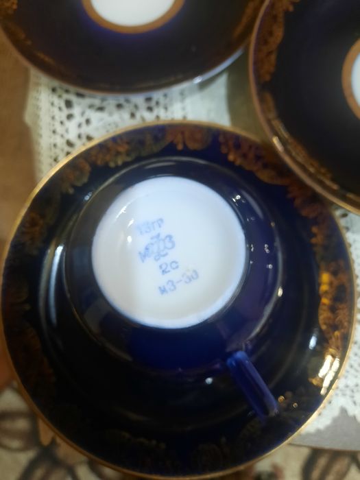 6 Чайных  пар "Золотой фриз"  по кобальту с цветами, ЛФЗ, 6 чашек и 6