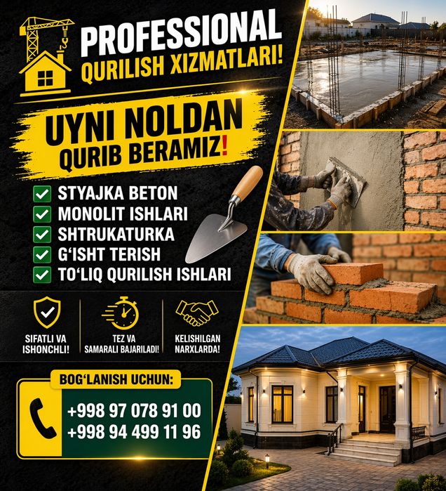 Ustalar xizmati santexnika beton quyish Shtukaturka qilish tom yopish