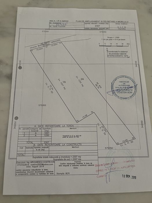 Vand teren Buftea Zona Centrala 2307 mp deschidere 27m