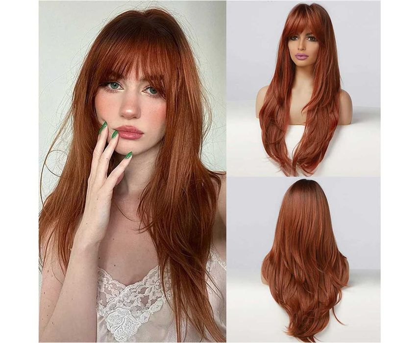 Дълга оранжева перука с тъмни корени и бретон