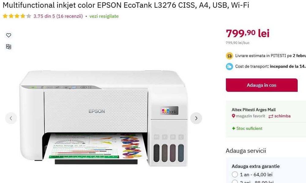 Imprimanta inkjet color EPSON EcoTank L3276 CISS, Wi-Fi, A4, USB