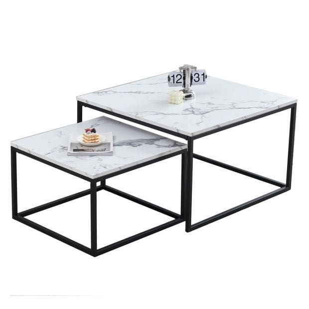 Сет 2 холни маси от бял мрамор валета 80/80/50 см и 60/60/40 см