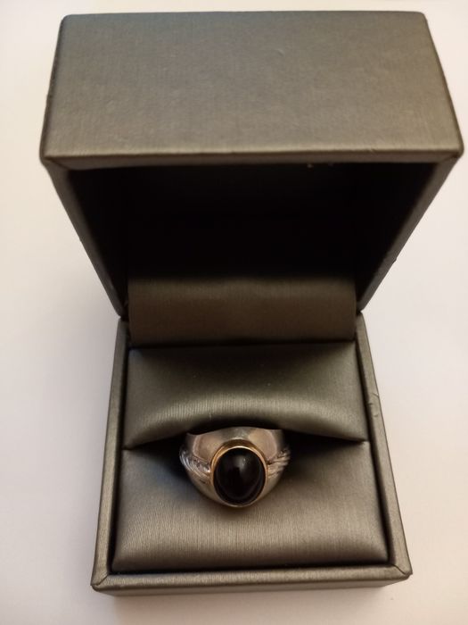 Inel unisex Fabergé (Franklin Mint) 1989 – Argint sterling, ramă aur 14K și onix natural