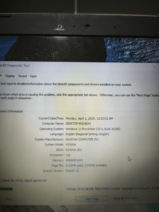 Laptop Asus 4GB RAM