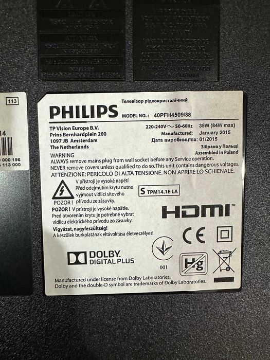 Tv LED Smart Philips, 102 cm, 40PFH4509, ecran defect - pentru piese