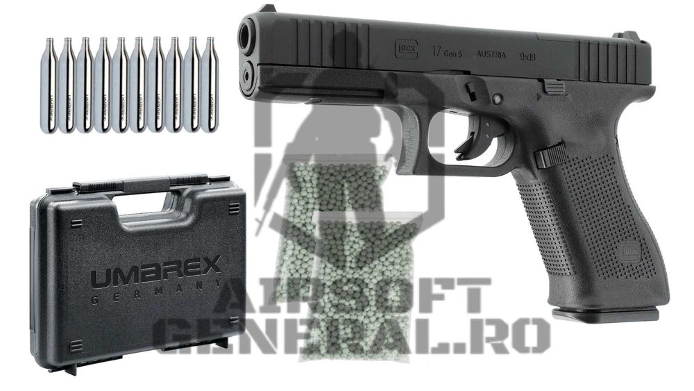 Set/Pachet Airsoft GLOCK17 GEN5 MOS BB + CO2 + Bile + Cutie transport