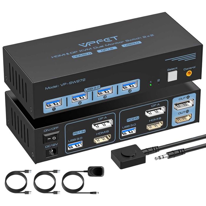 AILVLVNG HDMI Displayport KVM суич 2 монитора 2 компютъра 4K/60Hz