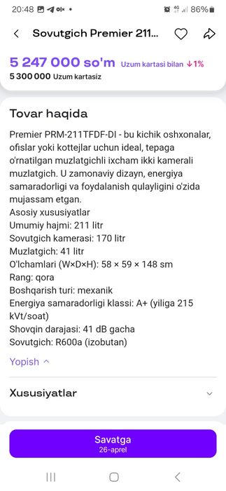 Xolodilnik sotiladi yengi