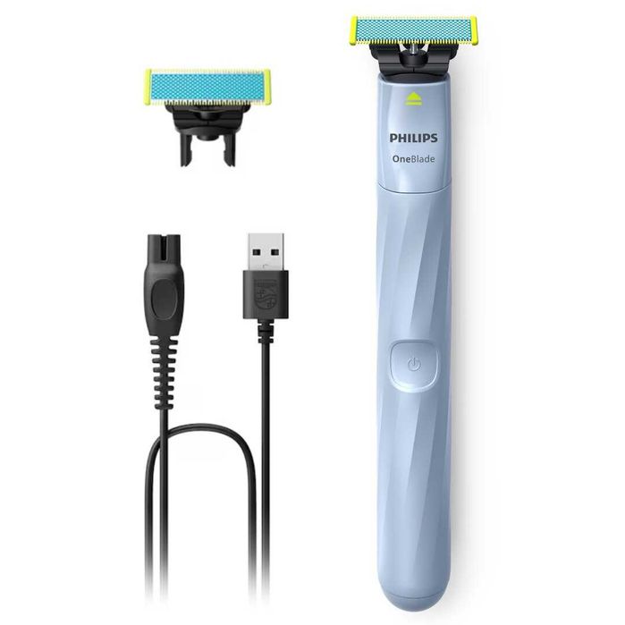 Aparat de ras PHILIPS OneBlade First Shave QP1324/30, pentru piele sensibila, 2 lame Anti-Friction, 30 min, cablu USB-A, Albastru - Philips