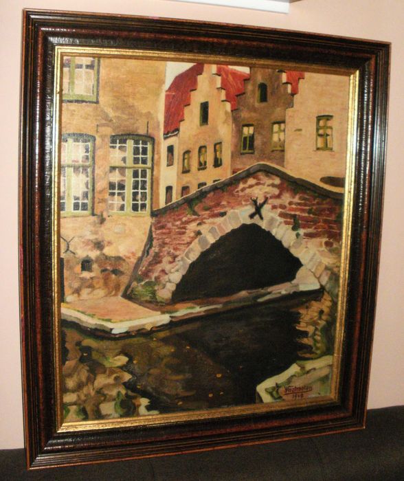 „Изглед към Брюж/ Мостът" в рамка, Белгия, Подпис: Jules Verstraeten