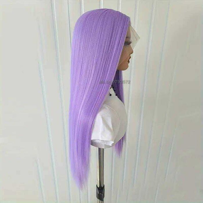 Светло лилава права синтетична перука с дантела  13*4