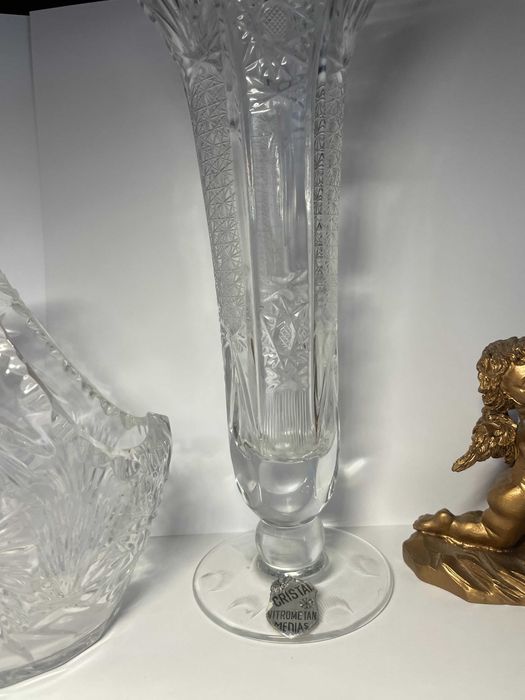 Sfesnic x2 sau vaza cristal fin Vitrometan Romania vintage nu Bohemia
