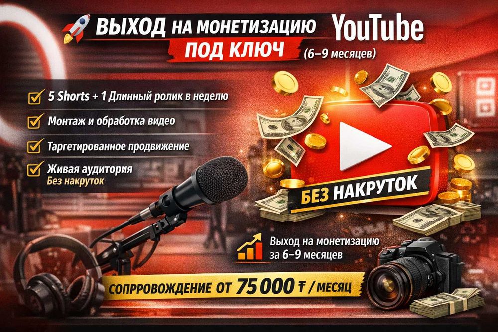 Сопровождение YouTube канала до монетизации — от 75 000 ₸ / месяц