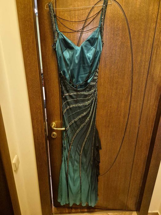 Rochie elegantă lungă de seară petrol/turcoaz cu paiete și aplicații – model spectaculos – ocazie / nuntă / gală