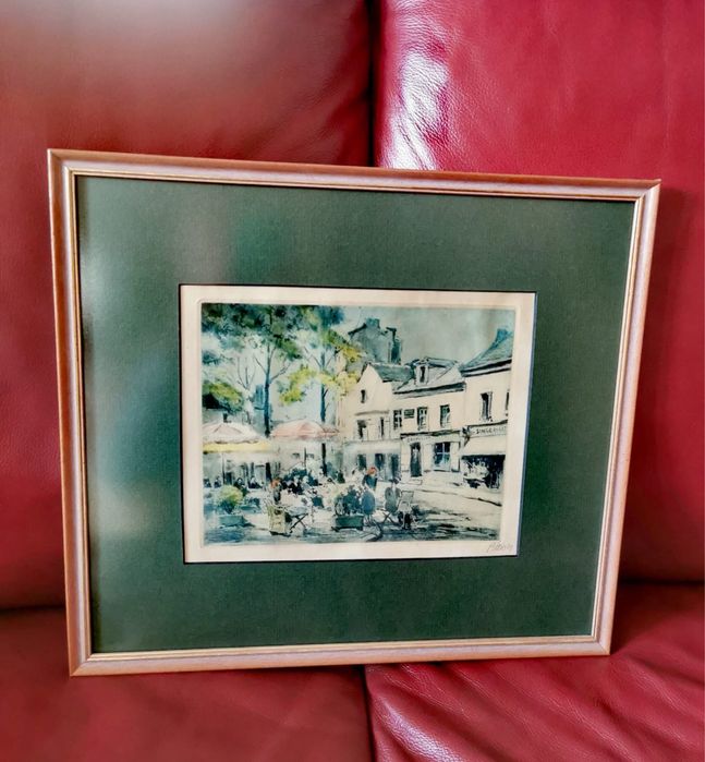 Картина френско изкуство офорт градски пейзаж Париж подпис Марсел Баро