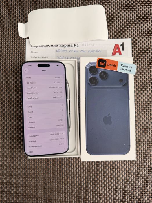 НОВ!*46€/м iPhone 17 Pro Max*Blue айфон 17 про макс