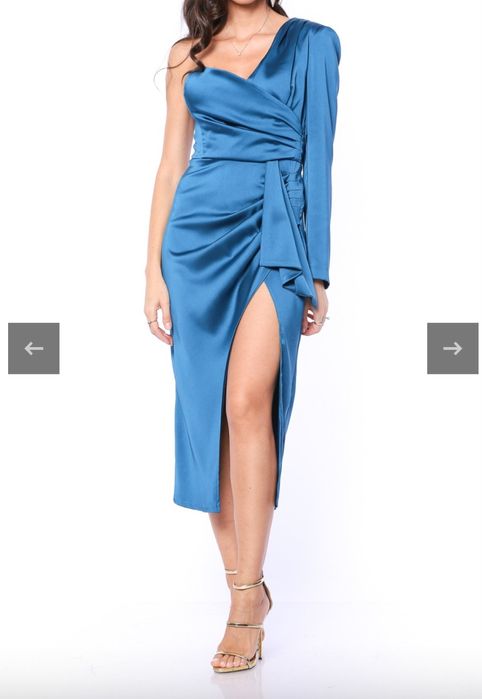 Rochie saten albastru petrol lungime midi