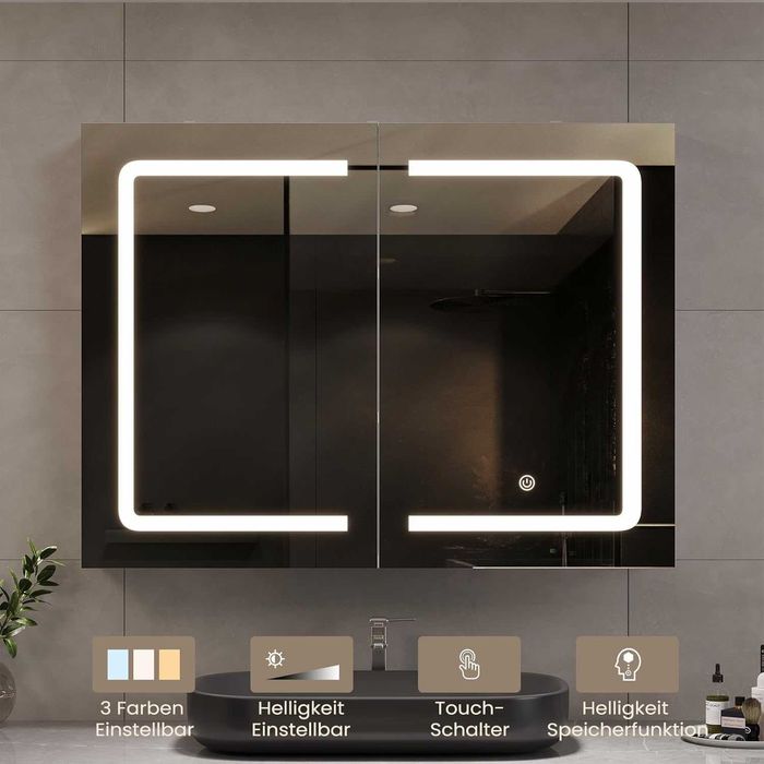 Шкаф за баня с огледало и осветление, 80 x 16 x 60 см, с LED и контакт