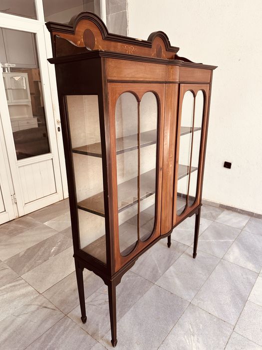 Антична витрина Edwardian / Art Nouveau с маркетрия около 1910 г.