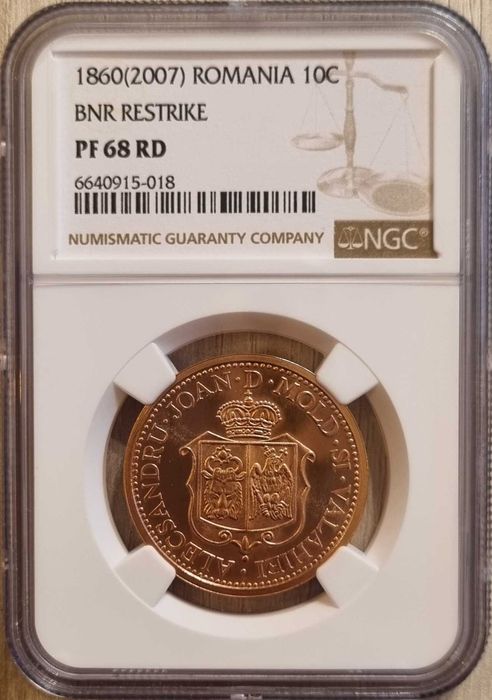 Moneda 10 centime Al. i. Cuza, replica BNR gradata NGC PF 68