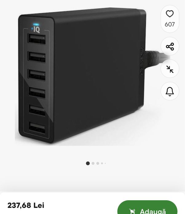 Incarcator retea Anker 60W, 6 porturi USB-A, PowerIQ, Negru