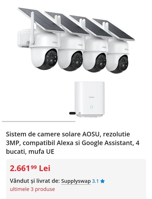 Sistem de camere solare AOSU, rezolutie 3MP, compatibil Alexa si Googl