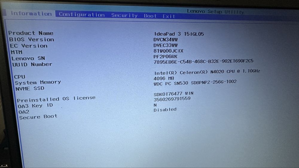 Laptop impecabil Lenovo Ideapad 3 15IGL05 intel, SSD