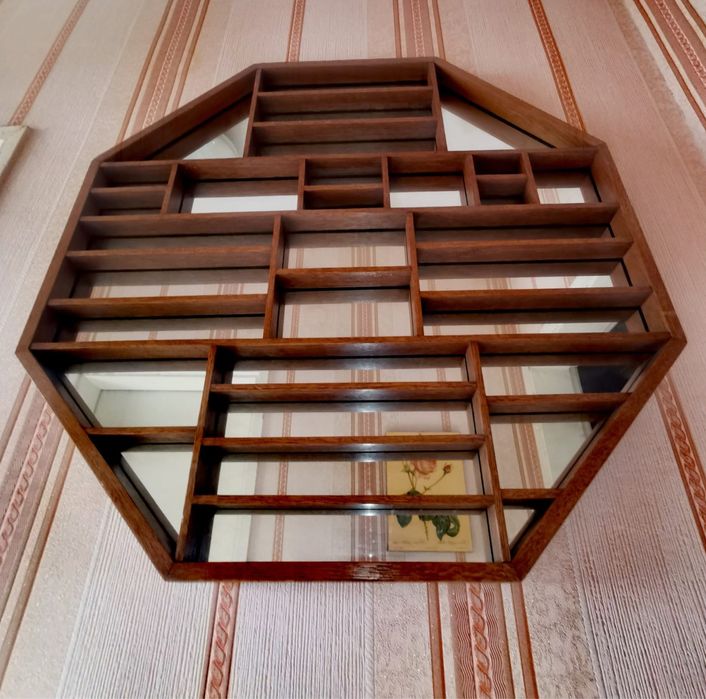 Антикварно дървено огледало осмоъгълна лавица дизайнерско голямо !