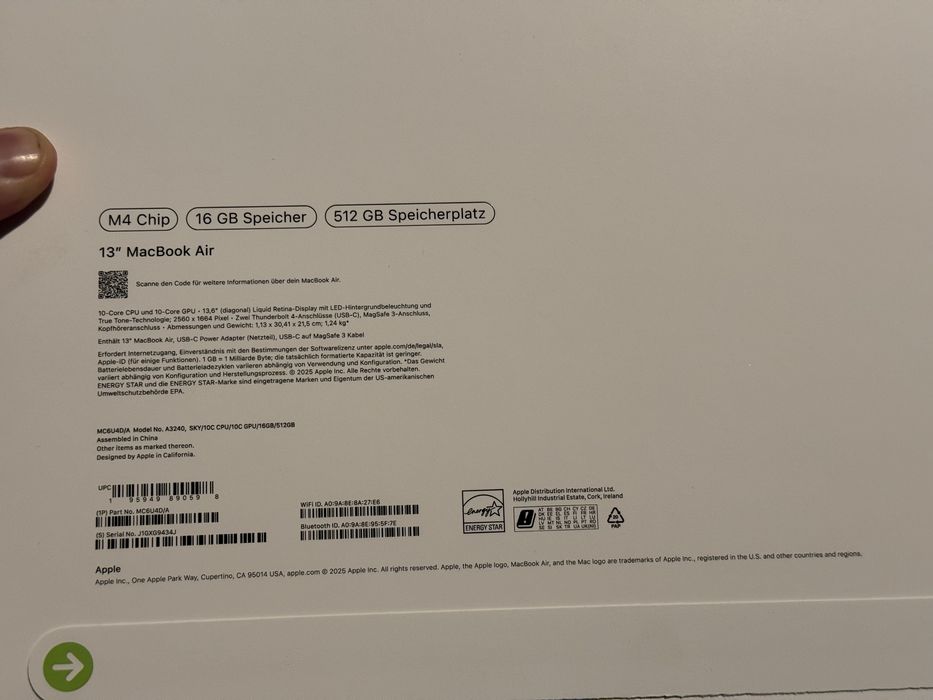 Macbook air 13,6 m4 512gb 16 gb ram