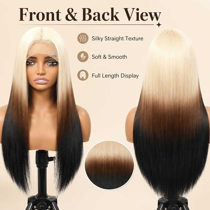 Ефектна русо към кафяво и черно омбре права перука 60 см –  Lace Front 13×4