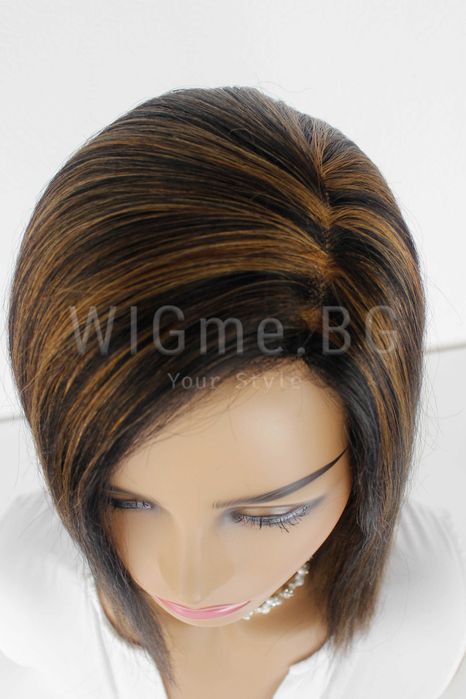 Черна перука от ЕСТЕСТВЕН косъм с кестеняви кичури Селена