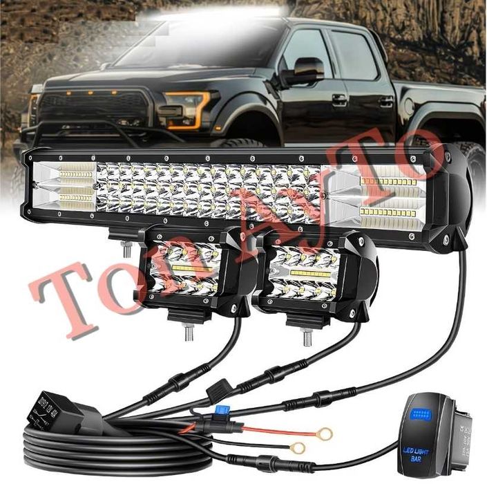 Комплект Лед Бар 20" 380W 52см +  2бр Халогени 4" 10см 60W + Окабеляване + Копче 12/24V за Кола АТВ Трактор Снегорин Моторна Шейна Бъги Мотокар Багер