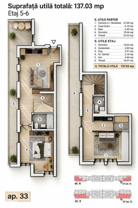 Penthouse in bragadiru 137m utili | Etajele 5–6 | 2 terase