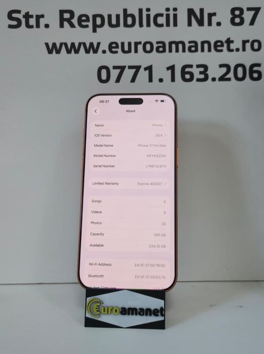 Telefon mobil Apple iPhone 17 Pro Max, 256GB, 5G, Cosmic Orange, -G-