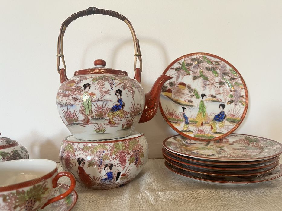Антикварен Японски Чаен Сервиз "Сацума" (Satsuma) – Порцелан Eggshell, 1930-1950 г.