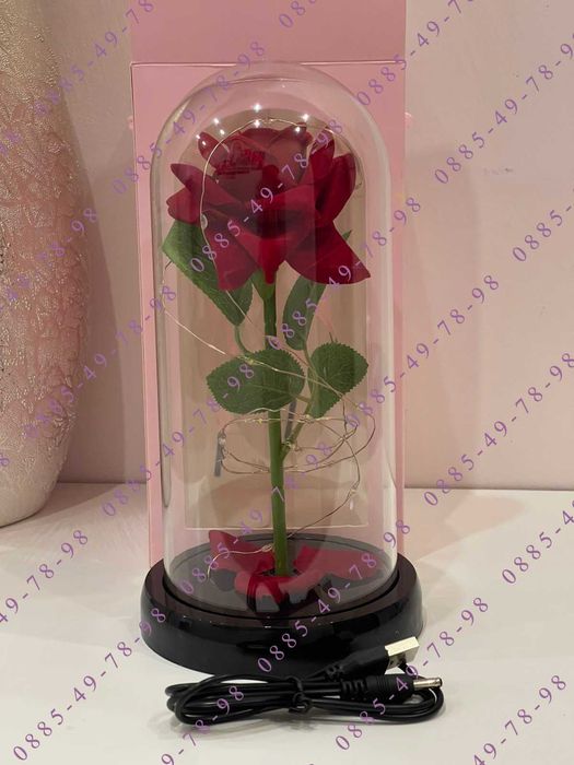 Вечна роза в стъкленица с лед осветление,подарък за жена, 8 март