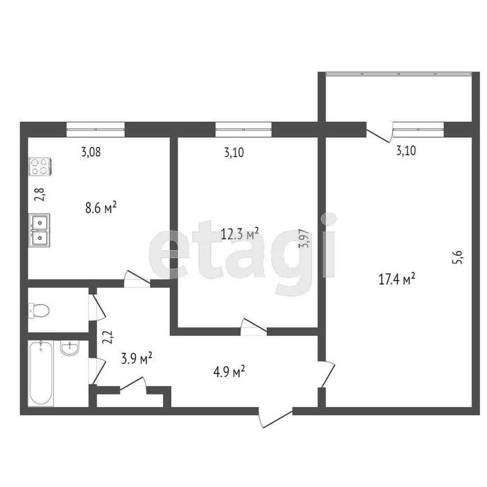 2-комн квартира, 52 м²
